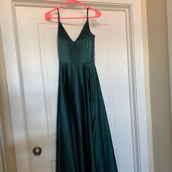 green emerald velvet dress Metallic Fitted V-Neck Slit Gown by Juliet JT2502A Champagne / 12